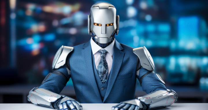 Modern robot with a humanoid face and suit against a backdrop of screens.