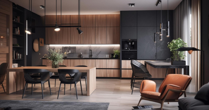 Modern kitchen with wooden cabinets and a central dining table