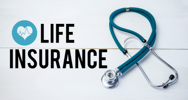 Life Insurance text with a stethoscope and logo on a white background