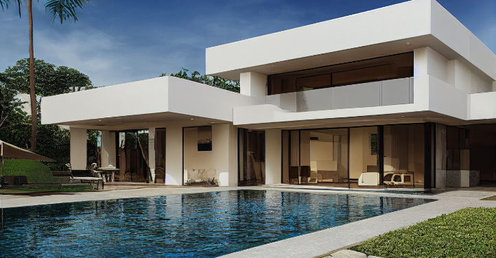 Luxurious modern villa with an outdoor swimming pool.