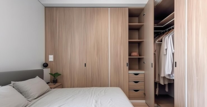 Bedroom showing efficient use of space with a bed and wardrobe combination