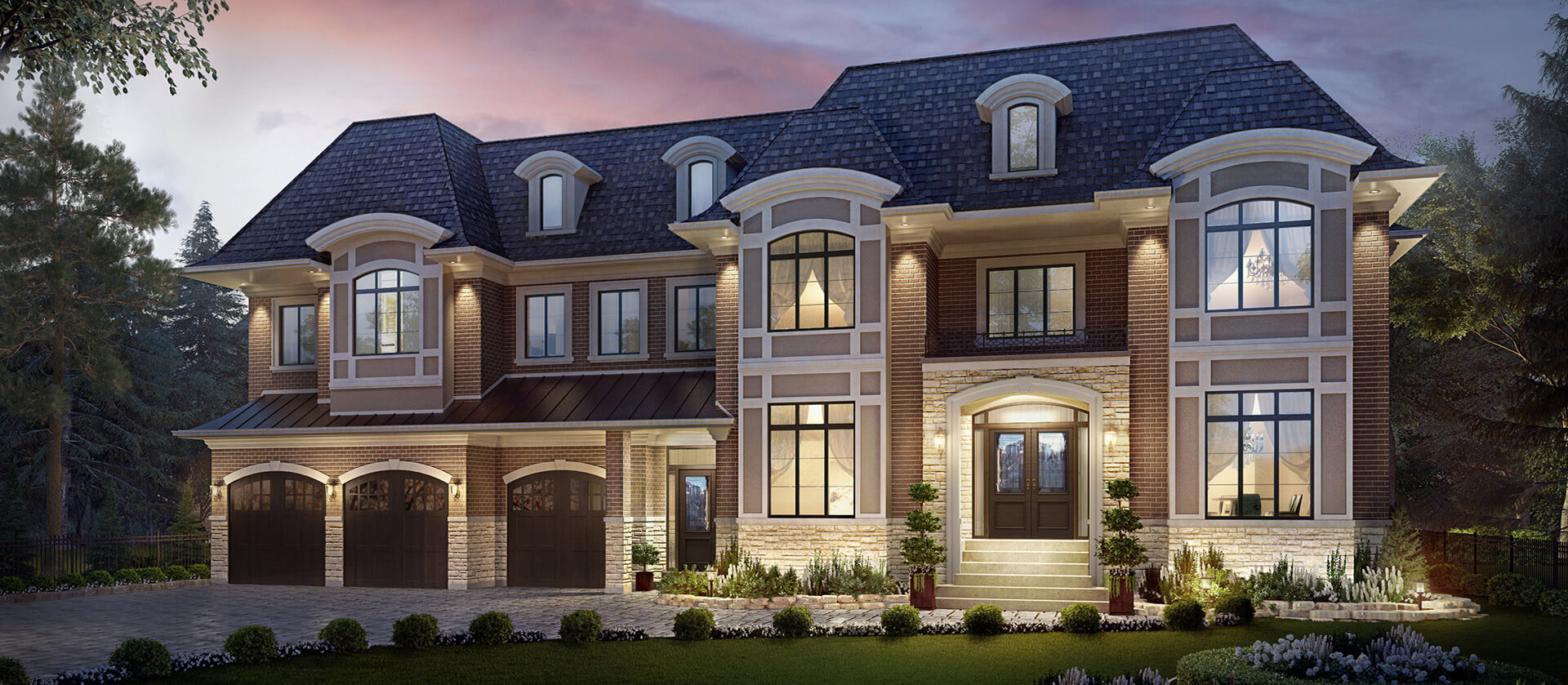 -Luxurious two-story house with illuminated windows at twilight