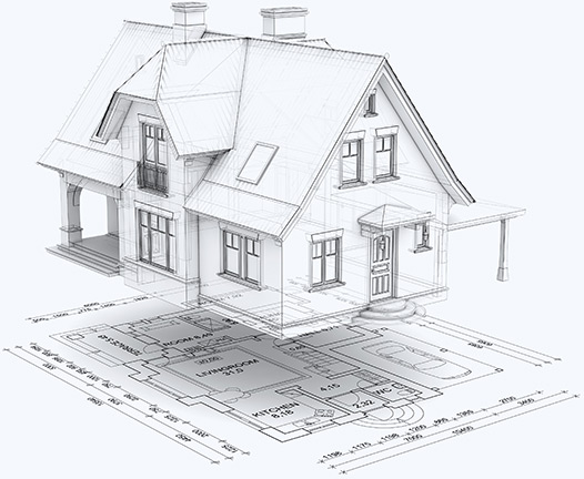 Sketch of a two-story house design with architectural blueprints